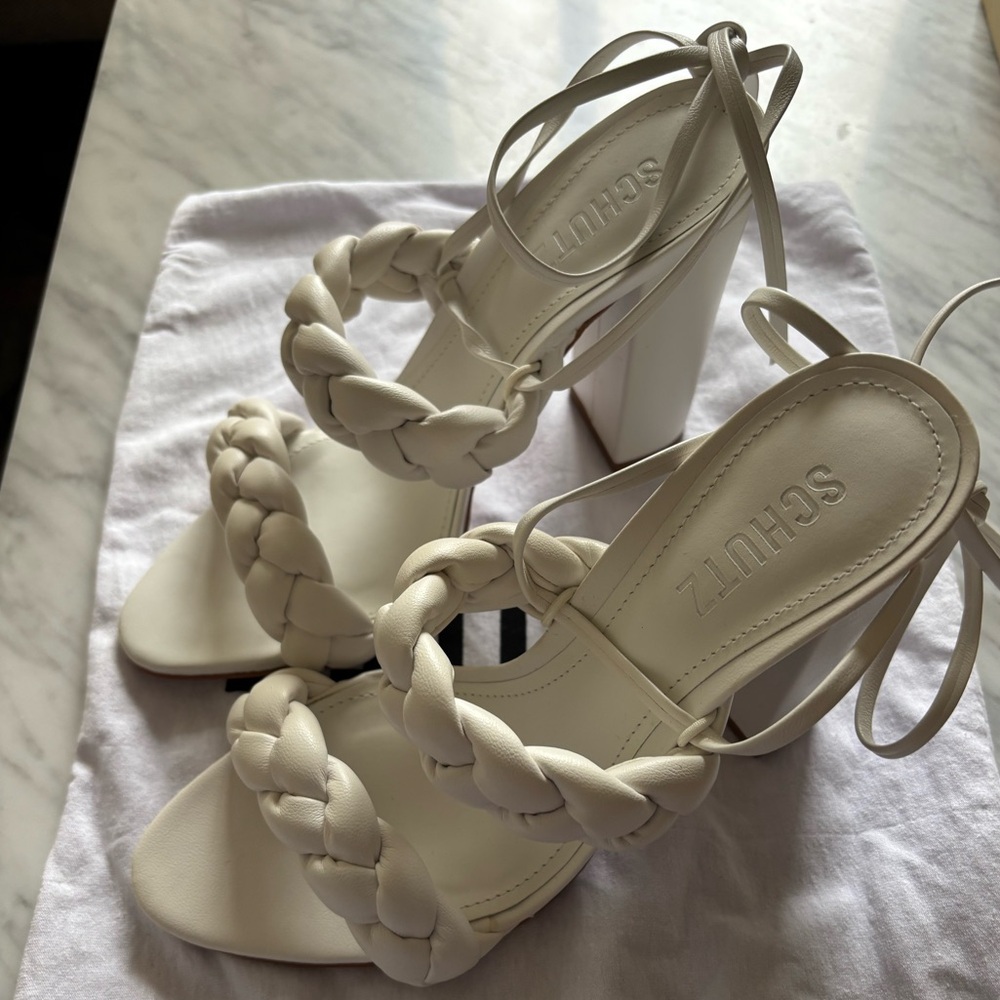 Schutz Zarda White Braided Heeled Sandals